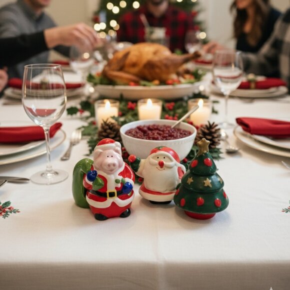 Ceramic Christmas Whimsical Holiday Salt & Pepper Shakers Two Sets Pre-Owned - Picture 7 of 7